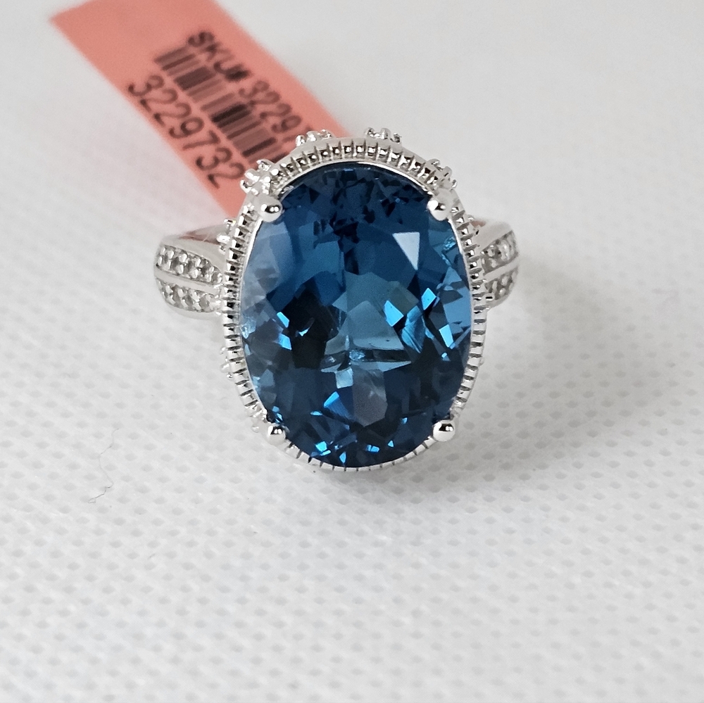 Natural London Blue Topaz & Diamond Ring in Sterling Silver & Rhodium Size 7! - Picture 5 of 16